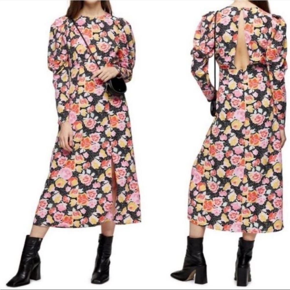 Topshop polka dot and floral pull sleeve open back midi dress